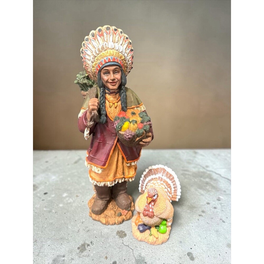 Vtg Native American & Turkey Thanksgiving Basket Vegetables Resin Figurines